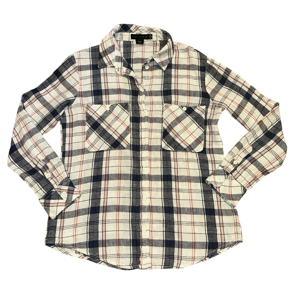 Sanctuary Plaid Linen Boyfriend Shirt Size XS Blue White Coral Button Down Top